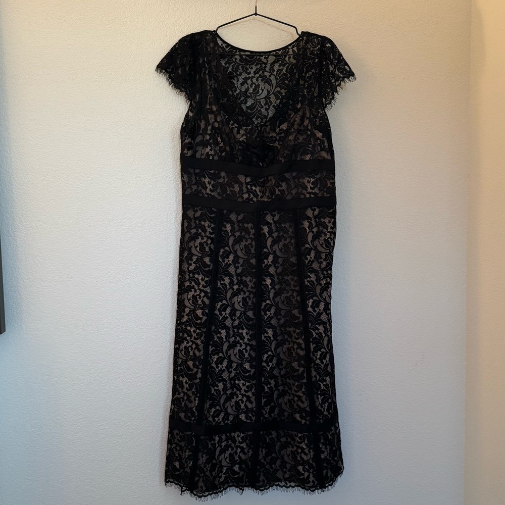 LOFT Black Lace Midi Dress with Cap Sleeves